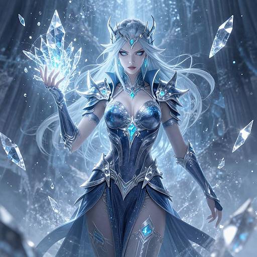 Digital artwork of a white-haired, blue-eyed ice queen with glowing crystal armor, holding ice shards, in a blue-lit, icy cathedral.