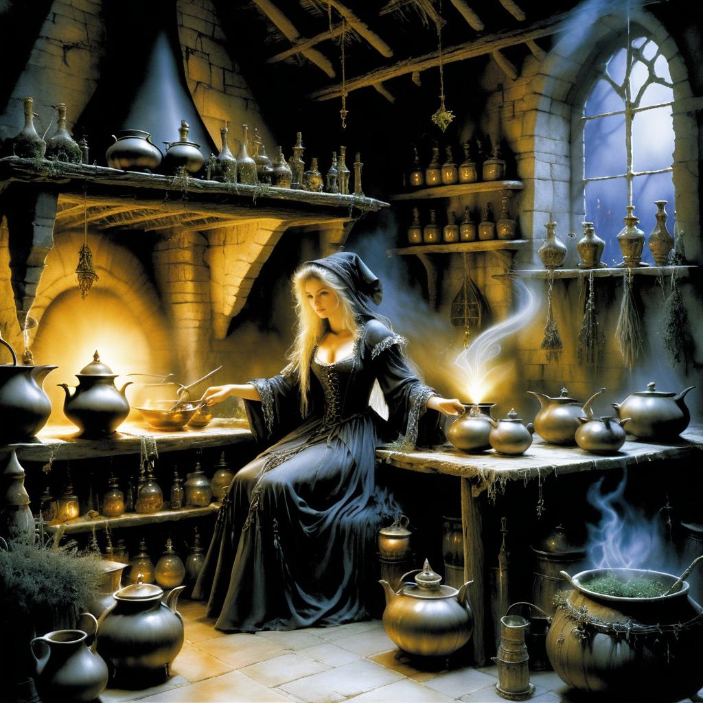 Lonely Witch Brewing Potions in Twilight