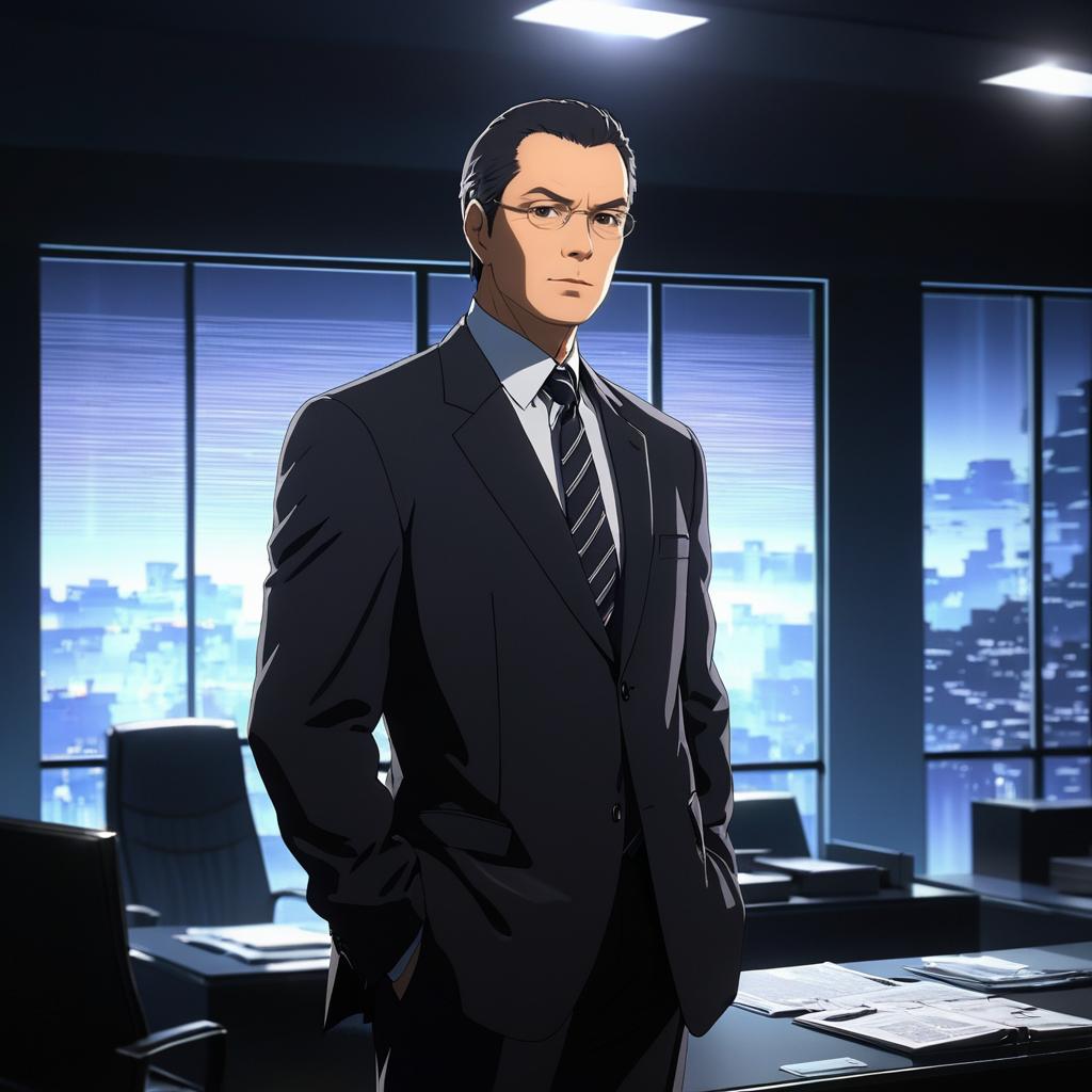 Determined Man in Dim Office Anime Style