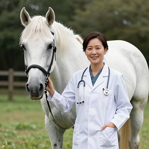 Photograph of an Asian female veterinarian in a white coat, smiling, standing beside a white horse with a black halter, in a grassy,