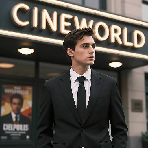 Stylish Man Against Neon Cinema Backdrop