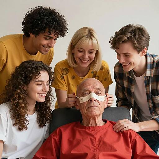 Family Gathering with Elderly Man Wearing Nasal Mask