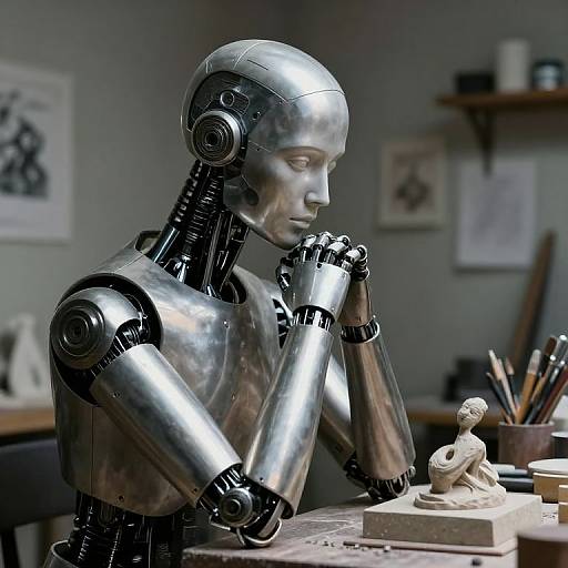 Photograph of a shiny, metallic humanoid robot intently sculpting a small, stone figure on a workbench in a dimly lit studio.