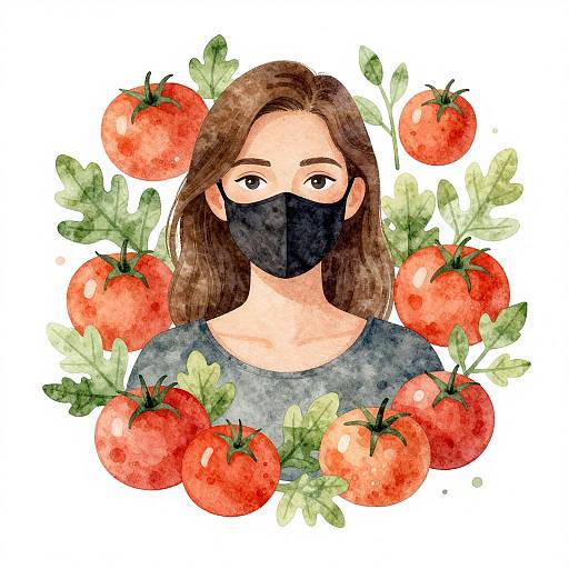 Watercolor illustration of a woman with brown hair, wearing a black mask, gray shirt, surrounded by vibrant red tomatoes and green leaves.