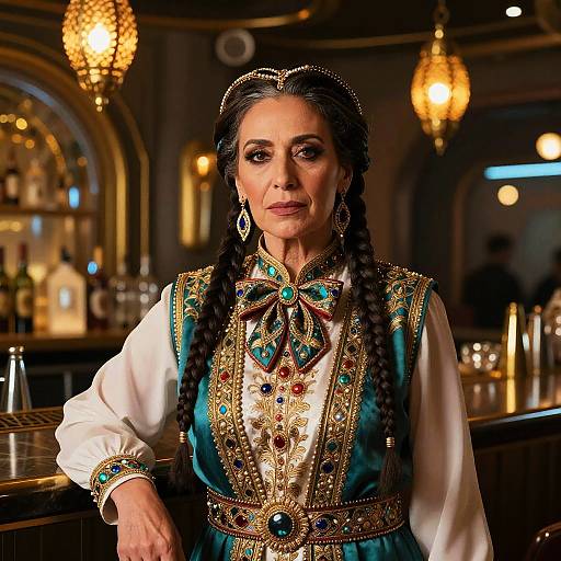 Photograph of an elegant Middle Eastern woman with braided black hair, wearing an ornate turquoise and gold embroidered traditional dress, standing in a warmly lit