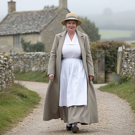 Photograph of a middle-aged woman in a white apron, gray coat, and straw hat, walking on a countryside gravel path with stone walls and