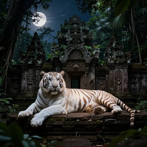 Photorealistic digital art: White tiger lounges on ancient stone temple steps under a full moon in a dense, dark jungle.