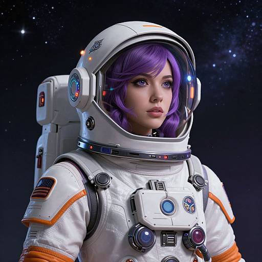 Digital artwork of a purple-haired woman in a white astronaut suit with orange accents, helmet, and backpack, set against a starry night sky.