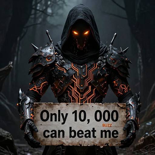 Dark hooded figure with glowing orange eyes and spiked armor holds sign reading 