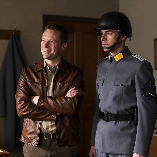Two Men in Military and Casual Attire Indoors