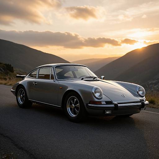 Photograph of a silver Porsche 911 Classic car parked on a mountain road at sunset, with orange and yellow sky and silhouetted hills in