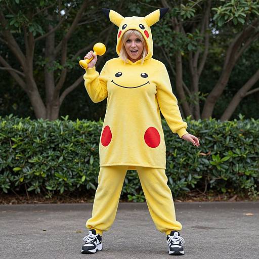 Photograph of a middle-aged woman in a bright yellow Pikachu costume with red cheeks, holding a yellow ball, standing on a paved path with green bushes