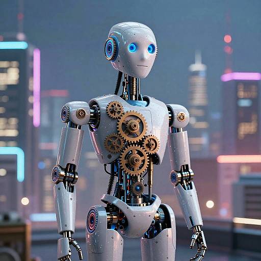 Photorealistic CGI of a white humanoid robot with blue glowing eyes, featuring exposed brass gears on its chest, set against a neon-lit urban city