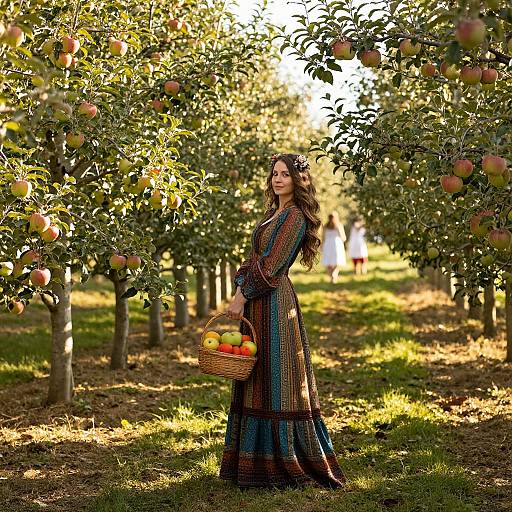 Photograph of a woman in a long, colorful, embroidered dress holding a basket of apples in a sunlit apple orchard.