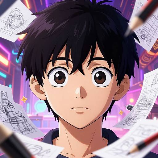 Anime-style digital drawing of a surprised young man with black hair and large eyes, surrounded by floating sketch papers in a neon-lit city backdrop.