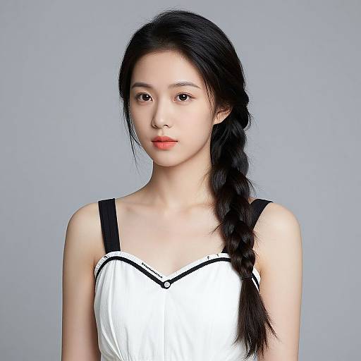 Photograph of an Asian woman with long black braided hair, wearing a white sleeveless top with black straps, against a plain gray background.