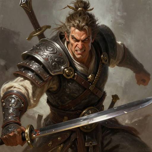 Digital painting of a fierce, muscular warrior with long hair in a topknot, wearing ornate, silver armor, gripping a sword, with a