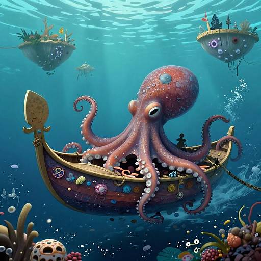 Digital artwork: A whimsical, pink octopus steers a colorful, pirate-themed boat through a vibrant underwater scene with floating islands, bubbles, and