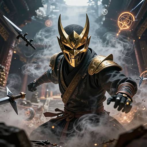 Digital artwork of a fierce, masked warrior in gold armor, wielding knives, surrounded by smoke and floating runes in a dimly lit, ancient temple.