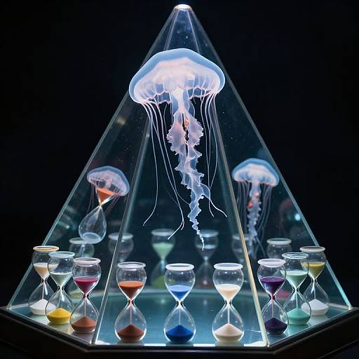 Photograph of a luminous jellyfish aquarium with a glowing jellyfish inside a pyramid-shaped glass container, surrounded by colorful hourglass-shaped containers.