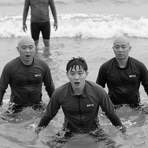 Black-and-White Ocean Scene with Friends