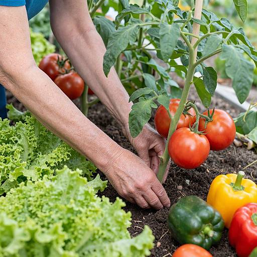 Photograph of a person's hands gently tending to vibrant red tomatoes, surrounded by green bell peppers, yellow bell peppers, and leafy lettuce in