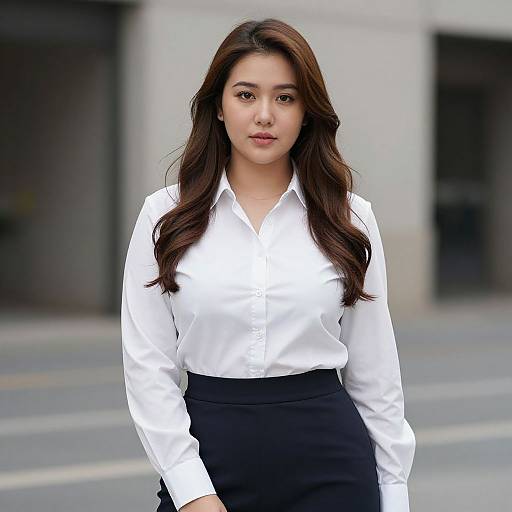 Photograph of an Asian woman with long brown hair, wearing a white button-up shirt and black skirt, standing confidently in an urban street background.