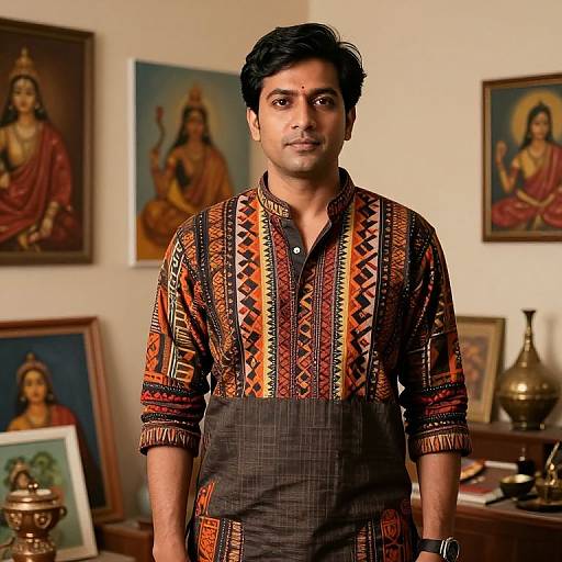 Photograph of a young Indian man with short black hair, wearing a colorful, patterned traditional shirt, standing in a room with Hindu deity paintings on