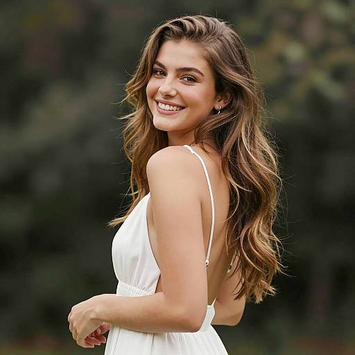 Smiling Woman in Backless White Dress