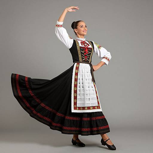 Photograph of a smiling woman in traditional Eastern European folk attire, black dress with white apron, red embroidery, and black shoes, posing gracefully against