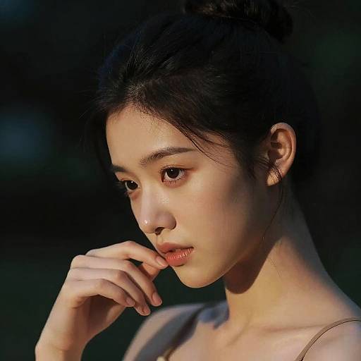 Photograph of a young Asian woman with fair skin, dark hair in a loose bun, soft light highlighting her face, and a contemplative expression,