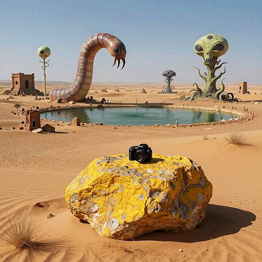 Alien Desert Landscape with Giant Worms and Ruins