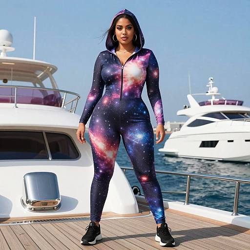 Curvy Woman in Cosmic Jumpsuit