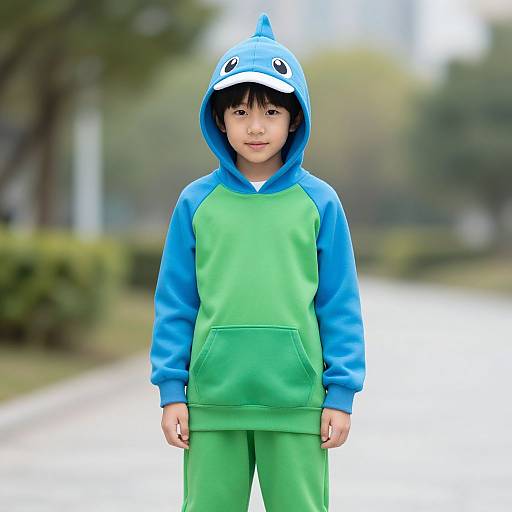 Photograph of an Asian boy in a blue and green shark hoodie with a hood, standing on a blurred park path.