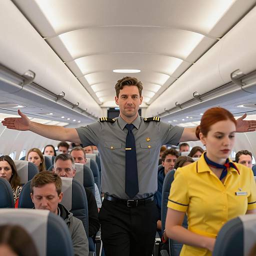 Flight Attendants and Passengers Inside Airplane Cabin