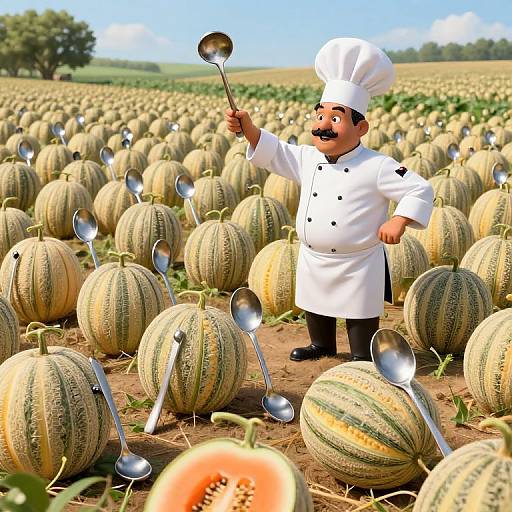 Photorealistic image of a chubby male chef in a white uniform and hat, standing in a vast watermelon field, holding a spoon and smiling,