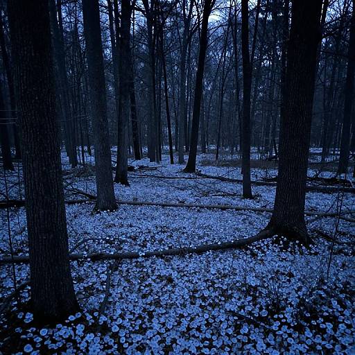 Photograph of a dense, leafless forest at twilight, with dark blue-tinted trees and a carpet of white flowers covering the forest floor.