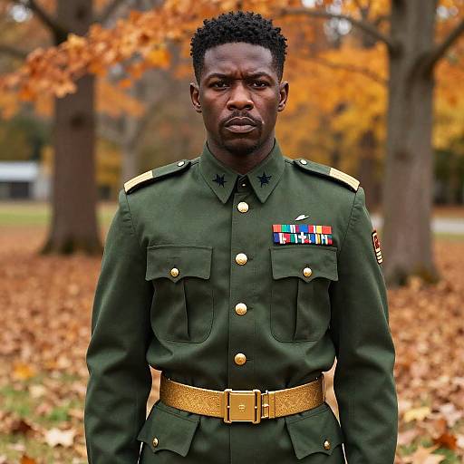 Photograph of a stern, dark-skinned male soldier in a green military uniform with gold buttons, medals, and a yellow belt, standing in a