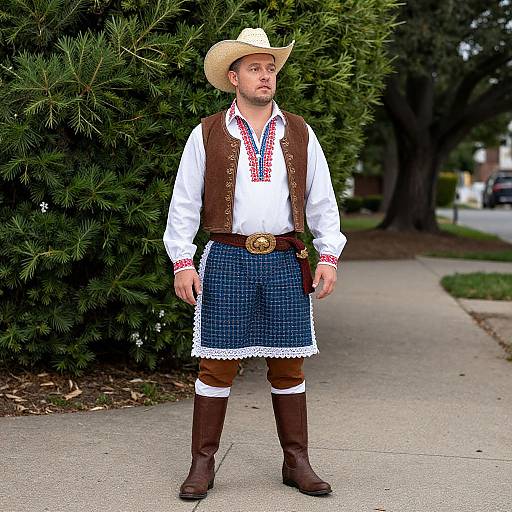 Photograph of a bearded man in cowboy attire: white shirt, brown vest, blue checkered kilt, brown boots, white hat, standing