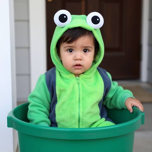 Photograph of an Asian baby with dark hair, wearing a green frog onesie with white googly eyes, sitting in a green plastic bucket. Background