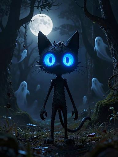 Digital illustration of a black, glowing-eyed, cat-like figure standing in a dark, eerie forest with ghostly spirits and a full moon.