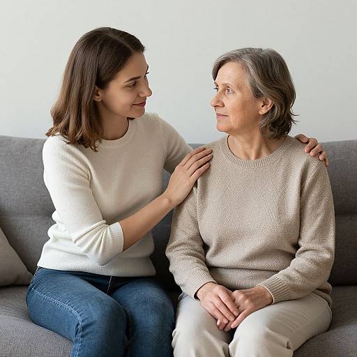Photograph of a young woman with shoulder-length brown hair in a white sweater, gently touching the shoulder of an elderly woman with short gray hair in a