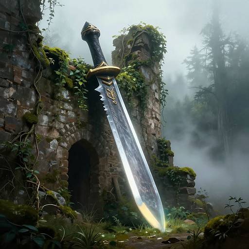 Photorealistic digital art of a large, glowing sword with intricate hilt, standing upright against moss-covered, ancient stone ruins in a misty forest