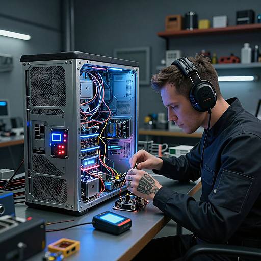 Futuristic PC Repair in High-Tech Workshop