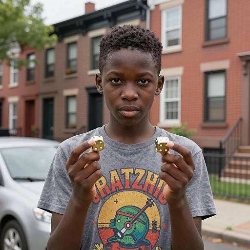 Young Boy with Dice in Urban Setting