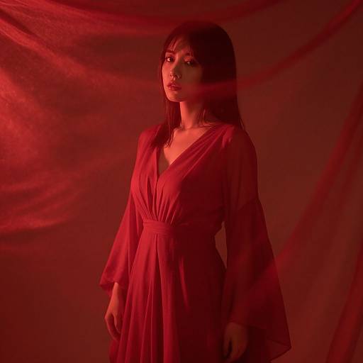 Photograph of an Asian woman with straight black hair, wearing a red, long-sleeved V-neck dress, standing against a red-lit backdrop