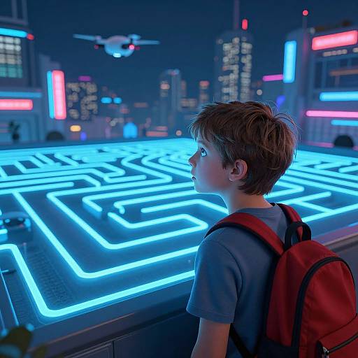 Photorealistic CGI: young boy with short brown hair, red backpack, gray shirt, gazes at neon blue maze table in futuristic cityscape with