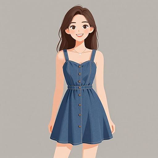 Digital anime-style drawing of a smiling young woman with long brown hair, wearing a sleeveless blue denim dress with button details.