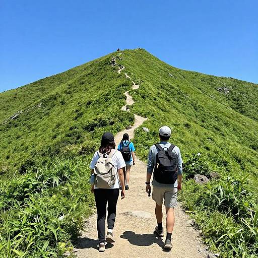 Photograph of three hikers, two men and one woman, climbing a sunlit, grassy mountain trail under a clear blue sky.