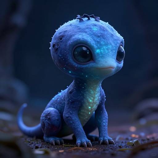 Digital CGI of a cute, blue, scaly, big-eyed, baby dragon with glowing spots, sitting on a dark, rocky floor under blue light